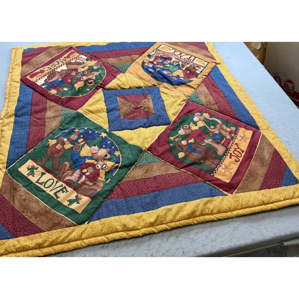 Vintage Christmas Teddy Bear Patchwork Quilt Throw Blanket Love Joy Peace 33x33